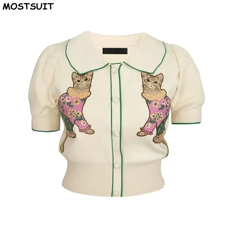 

Stylish Sweater For Women Summer 2024 New Fashion Cartoon Embroidery Short Sleeve Knitwear Tops Elegant Chic Ladies Jumpers