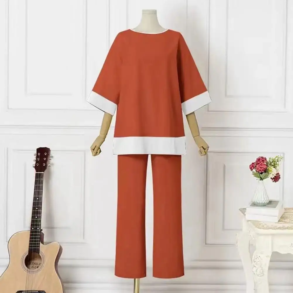 Wide Leg Trousers Set Stylish Women's Top Pants Set with Round Neck Three Quarter Sleeves Contrast Color T-shirt High for A