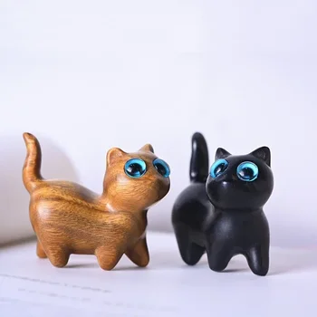 Handmade Kawaii Cat Miniature Figurines Sandalwood Carving Kitty Sculpture Desk Ornaments Fairy Garden Room Decor Birthday Gift 2