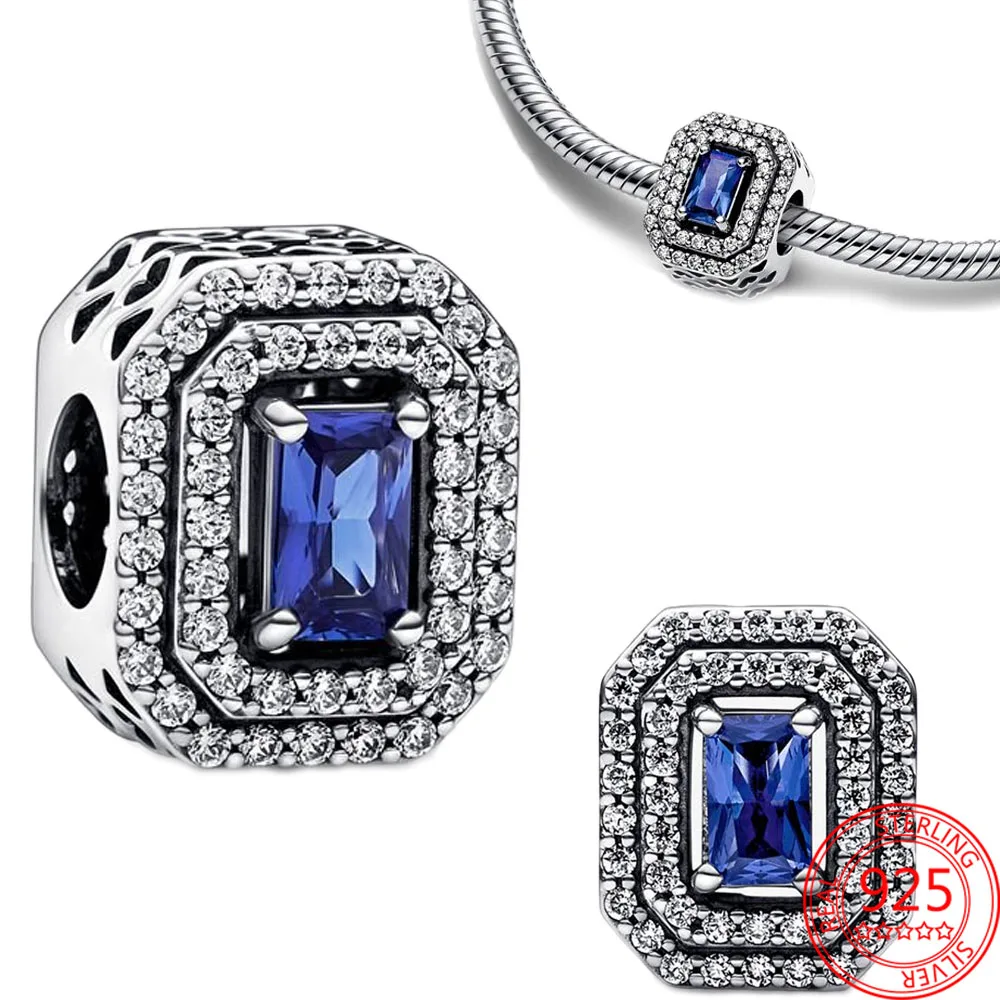 

2022 925 Sterling Silver Blue Gemstone Rectangle Charm Fit Original Bracelet Pendant Beads for Women Fine DIY Bead Jewelry Gift