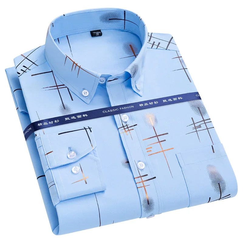 Men's Non-iron Shirts Business Casual Bronzing Long Sleeved Regular Fit Shirts Spring and Autumn New Fashion Print Top Clothing