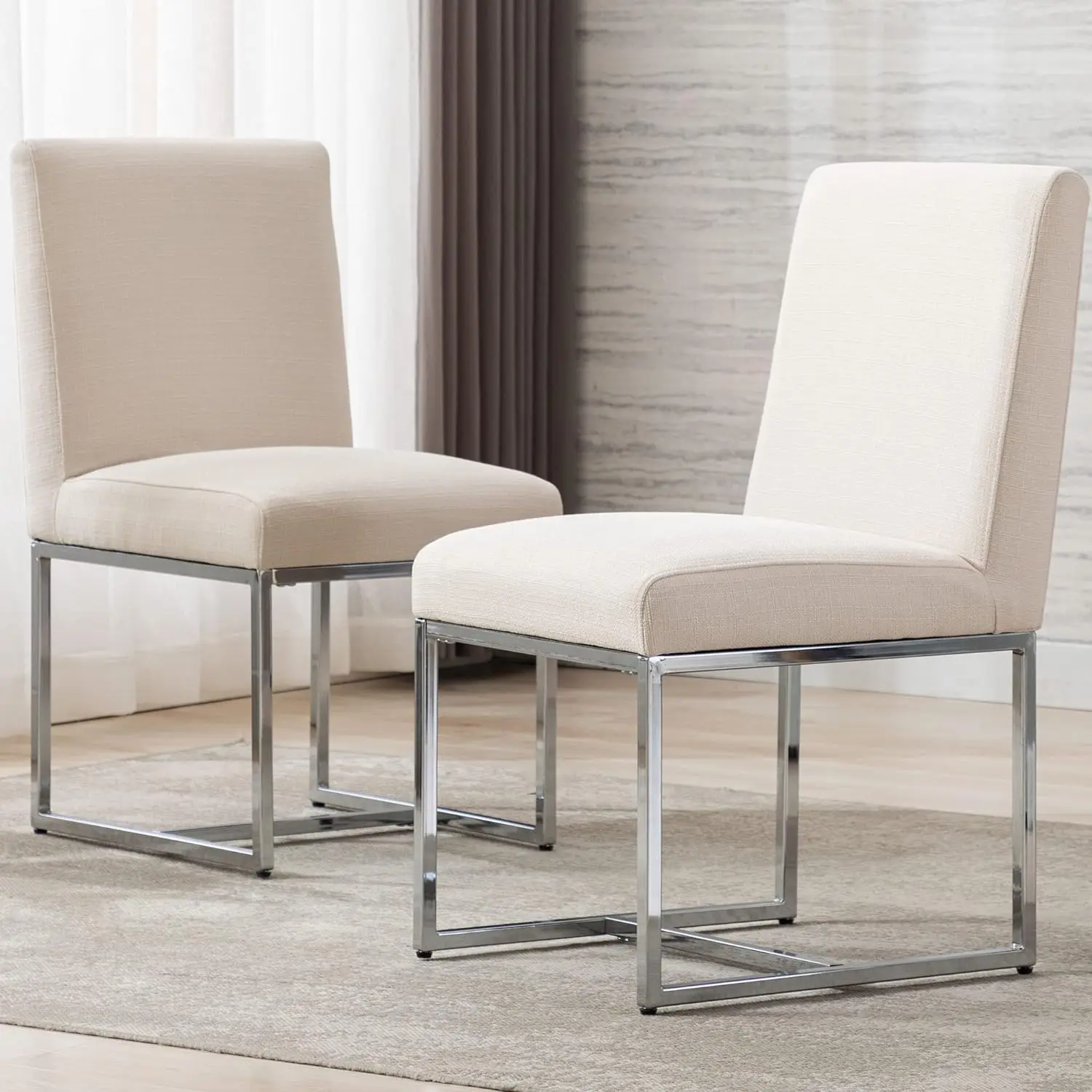 Linen Upholstered Dining Chairs Set of 6 Mid Century Modern Padded Chair with Chrome Metal Frame for Restaurant