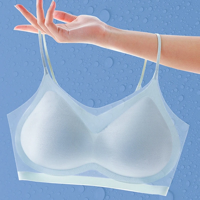 Reggiseno imbottito in seta di ghiaccio ultrasottile intimo senza cuciture fionda a sezione sottile da donna bella maglia posteriore top reggiseno piccolo per dormire sul petto grande