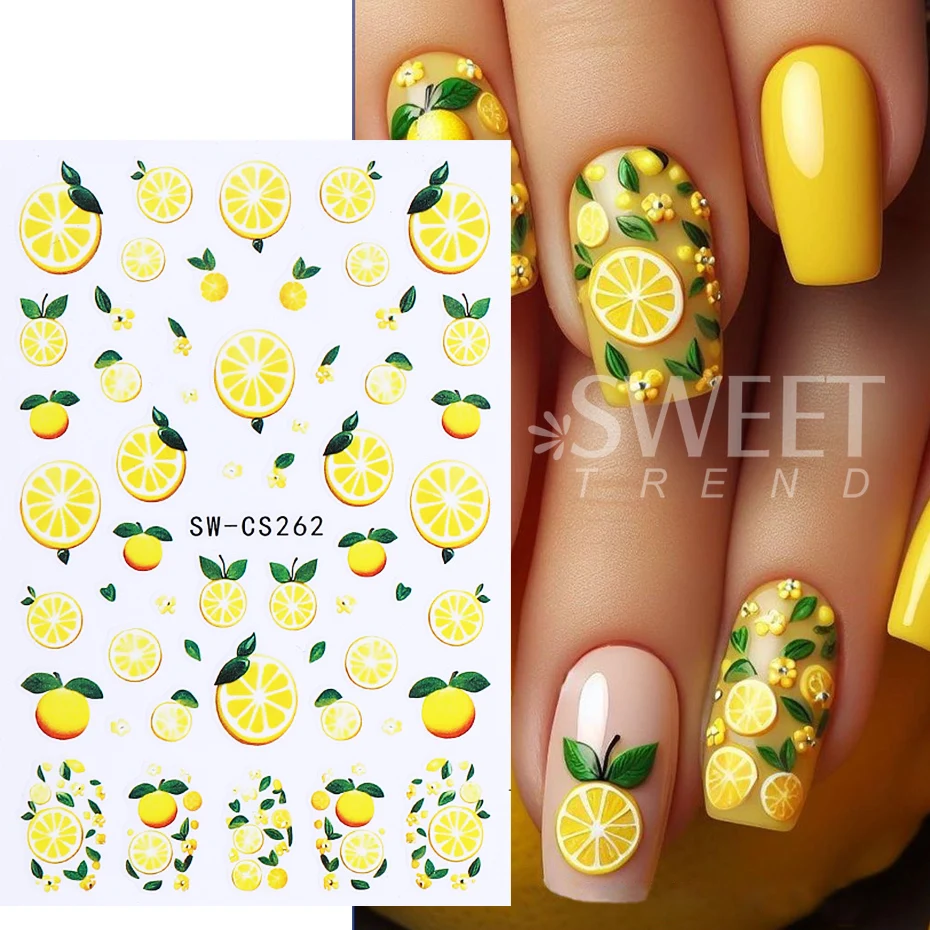 3pcs Lemon Fruits Nail Stickers 3D Cute Strawberry Blueberries Petals Nail Decals DIY Adhesive Slider Summer Manicure Decoration