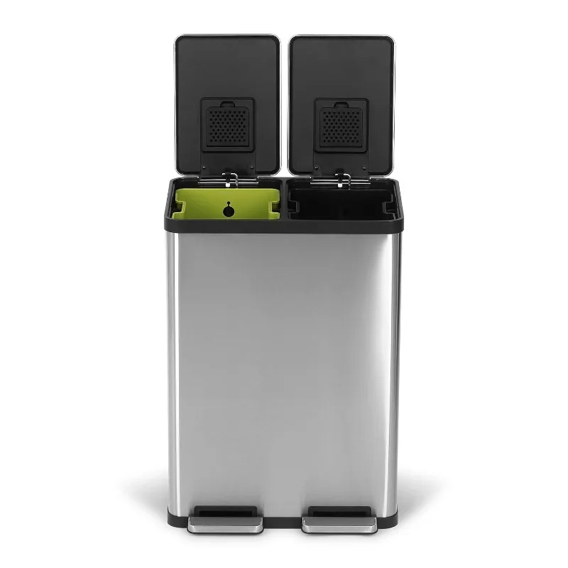SIMPLI-MAGIC 60 Liter / 16 Gallon Rectangular Hands-Free Dual Compartment Recycling Kitchen Step Trash Can with Soft-Close Lid