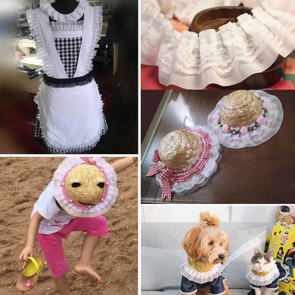 5cm Wide 100cm Long Black White 3D Pleated Chiffon Lace Ruffle Embroidery Double Laminated Wrinkle Trim Applique Fabric Ribbon