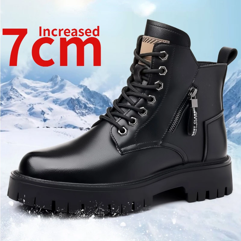 

Autumn/Winter Mid High Top Elevator Shoes Boots for Men Genuine Leather Retro Workwear Boots 7cm Invisible Height Increase Shoes