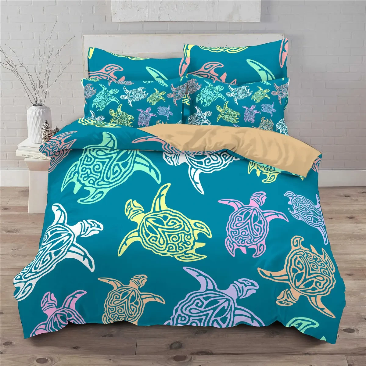 

Sea Turtle Duvet Cover Queen Size Boy Beach Turtle Comforter Cover Polyester 3pcs Teal Aqua Blue Abstract Tortoise Bedding Set