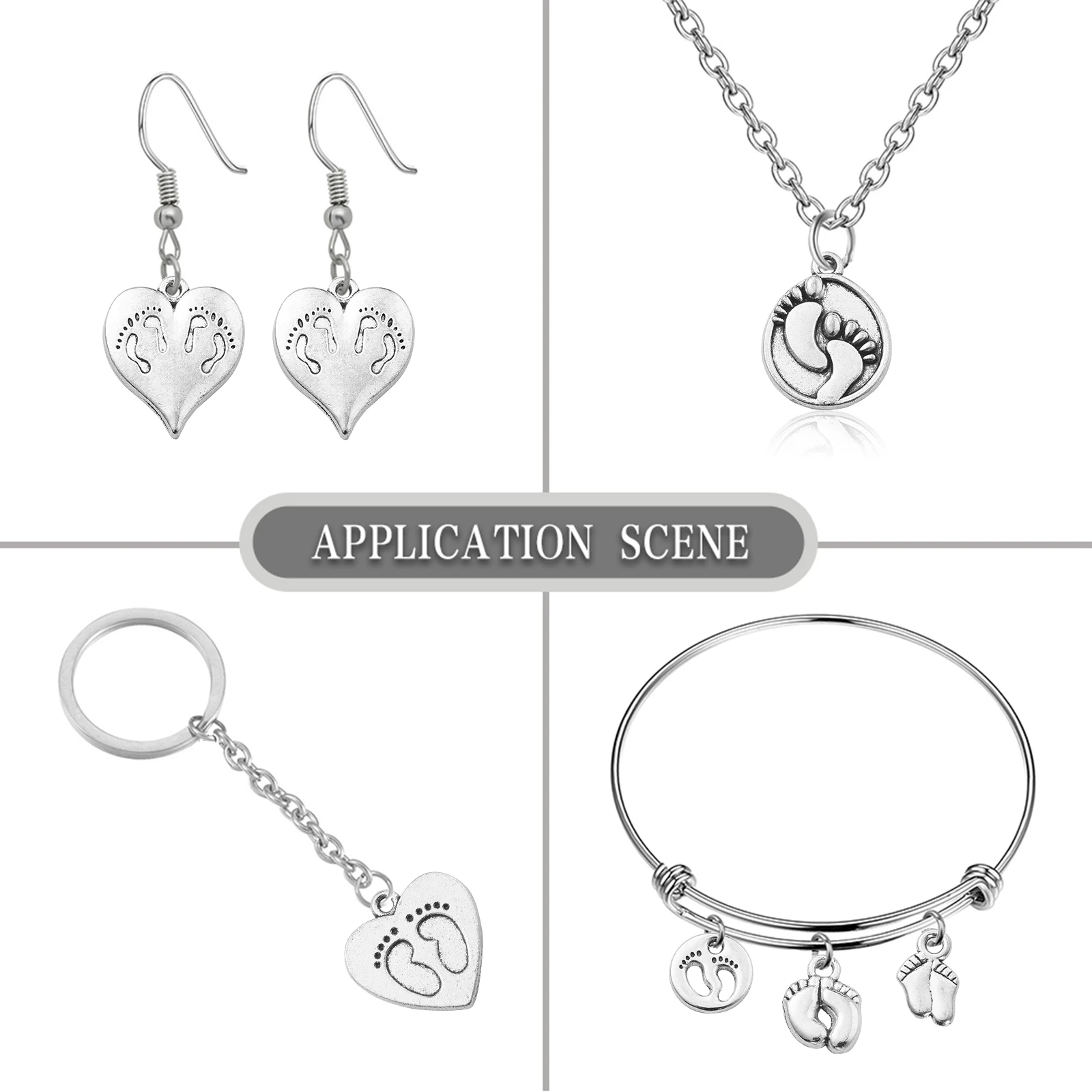 100Pcs 10 Styles Tibetan Footprint Charms Antique Silver First Step Foot Charms for DIY Bracelet Necklace Jewelry Making