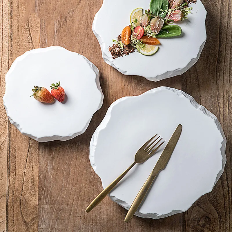 

Japanese Style Irregular Stone Ceramic Plate Modern Steak Dessert Plates Black White Gold Shape Tableware Dinner Plate