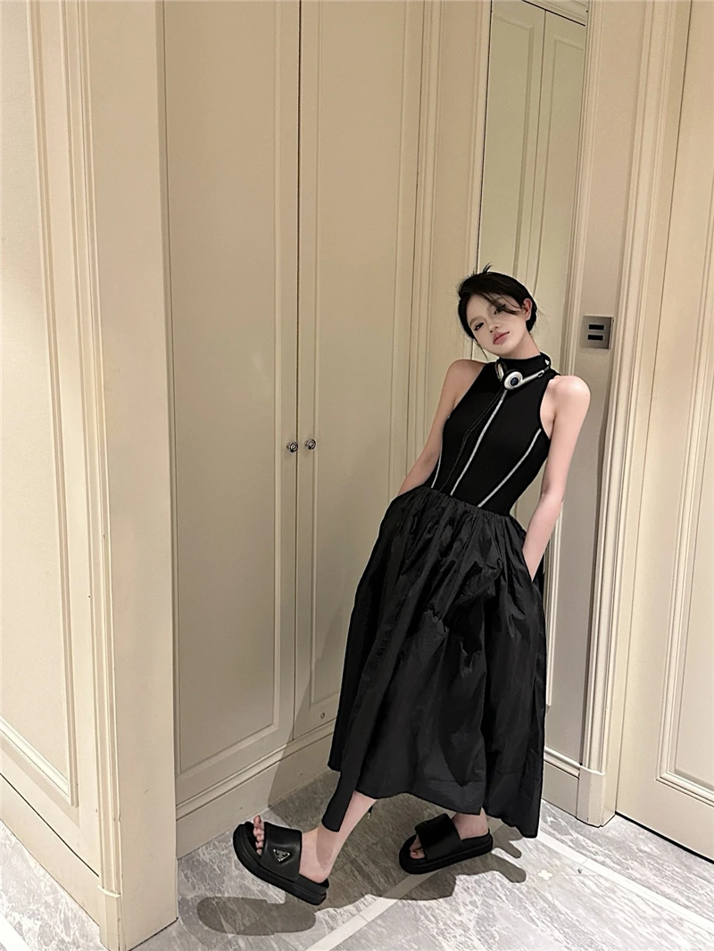 Casual Black Knitted Dresses for Women Sleeveless Vest Dress A-line Casual Korean Fashion Half High Collar Autumn New Vestido