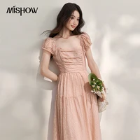 MISHOW Square Neck Polka Dot Puff Sleeve Dress For Women 2026 Summer Pleated Design French Gentle Commuting Skirt MXF26L2693