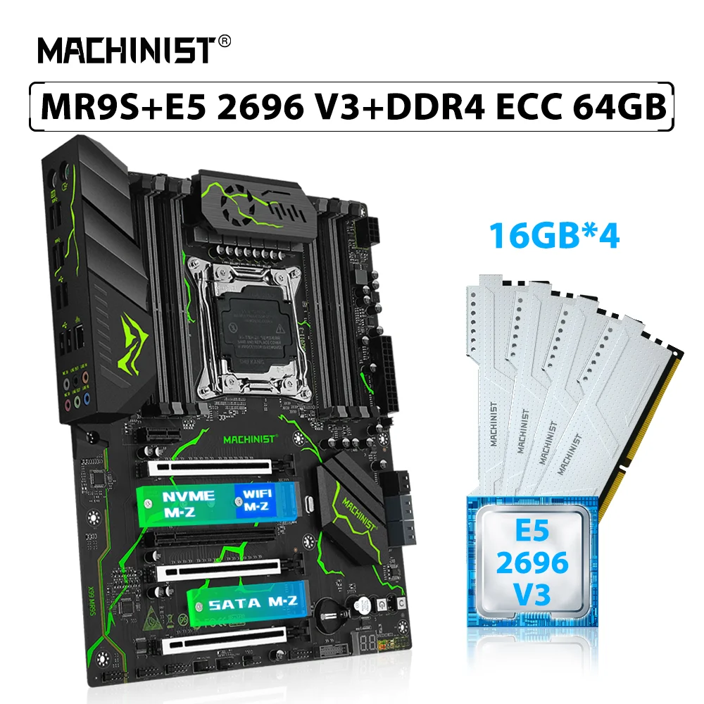Machinist X99 Mr9S Set Kit Scheda Madre Lga 2011-3 Xeon E5 2696 V3 Processore Cpu 64Gb = 4 Pezzi * 16Gb Ecc Ddr4 Memoria Ram Sata M.2 Nvme