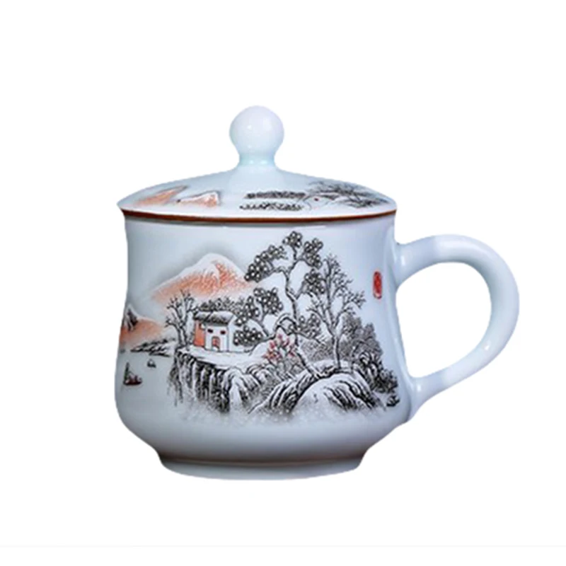 Chinese Style Pattern With Cover Ceramic Personal Tea Mug Creative Household tea service items Milk Water Coffee Cup, 300ml, 1Pc