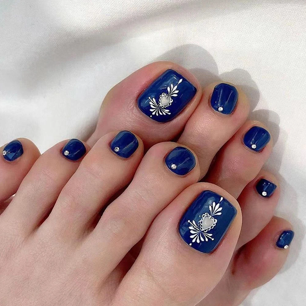 Dark Blue Toes False Nails with Designs French White Flower Fake Nails  Press on Nails Square Head Manicure Toenails Patches| | - AliExpress