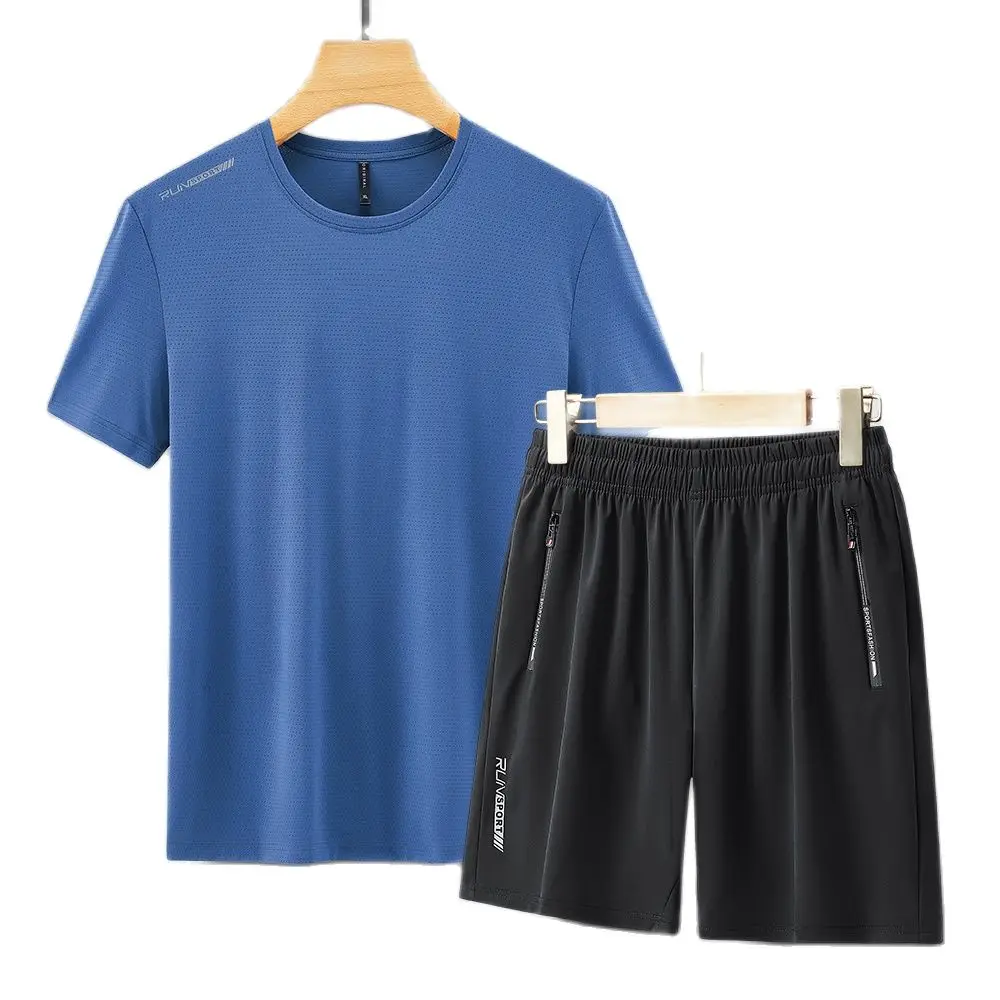 

Sportswear Suit Mens Ice Silk Quick Dry Summer Short-sleeved T-shirt Casual Shorts Male Running Fitness Loose Two-piece Suit Men