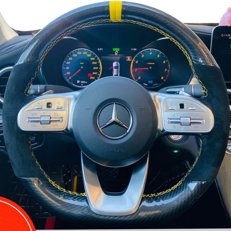 

Hand-stitched non-slip Suede carbon fibre Steering Wheel Cover for Mercedes Benz W177 V177 W247 W205 C118 C257 W213 2018-2021