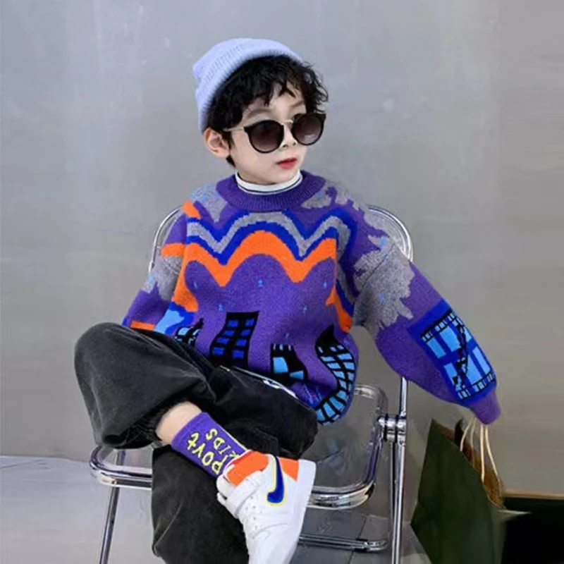 

New Autumn Winter Knitted Sweater Children's Clothing Boys Modern Building Thicken Sweaters Fashion Girls Pullovers Knitwear