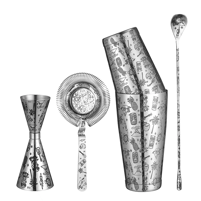 Tattoo Stainless Steel 5 Piece Cocktail Set Tin-on-Tin Shaker Jigger Spoon Strainer
