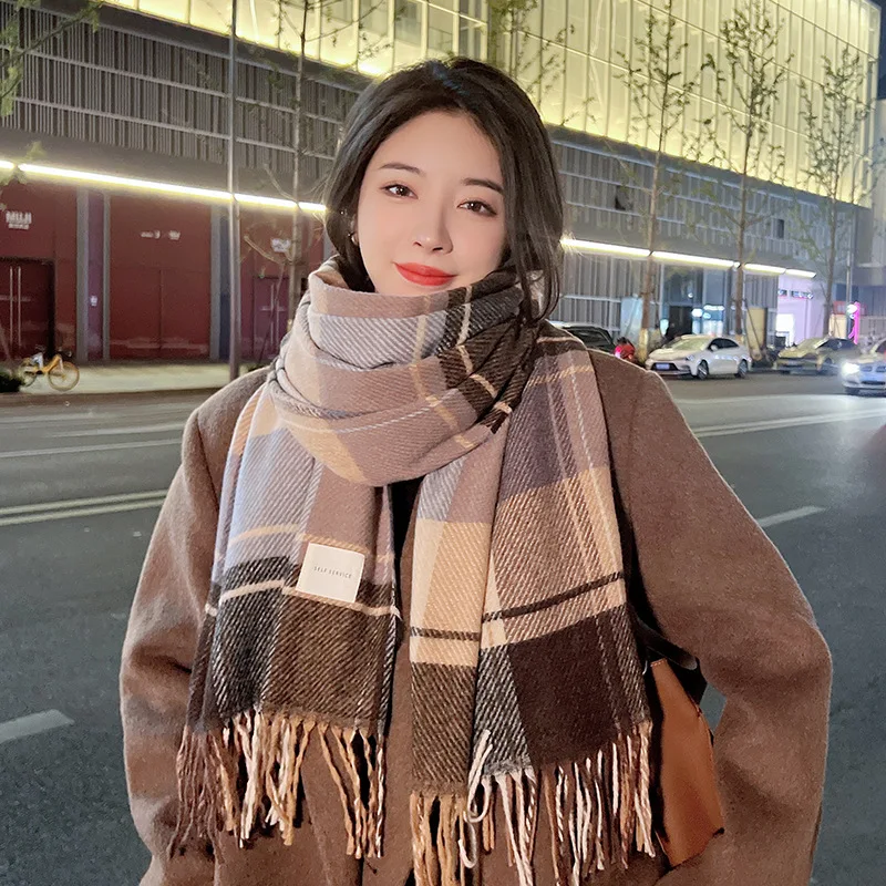 

Women Winter Scarf Thickened Warm Imitation Cashmere Fluffy Scarve Fashion Versatile Plaid Shawl Stole Bandana Wraps with Tassel