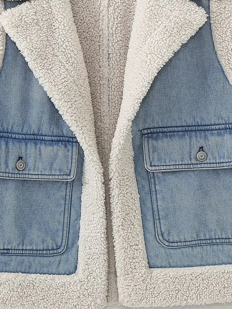 Withered European And American Denim Vest Fashion Women's With Plush Pockets Casual Jacket Girls Tops