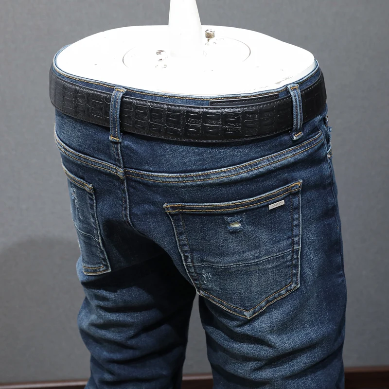 Street Fashion Men Jeans High Quality Retro Washed Blue Elastic Stretch Skinny Fit Ripped Jeans Vintage Designer Brand Pants Men