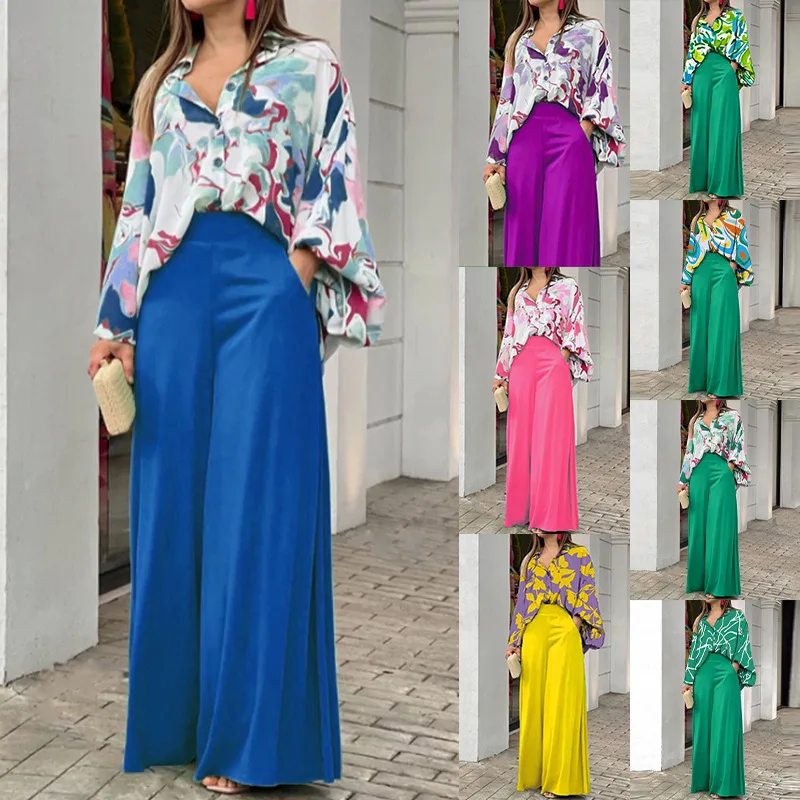 

Fashion Women's Clothing Loosen Print Long Sleeve T-shirt Wide-leg Pant Plus Size Summer Casual Office Lady OL Elegant Sets