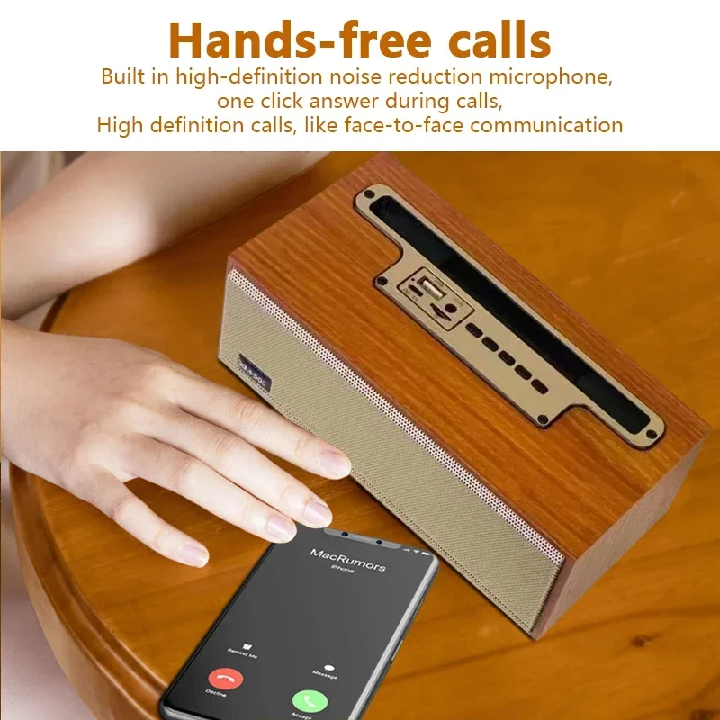 Wooden Bluetooth Speaker Multifunction TWS Wireless Subwoofer Remote Sound System Mobile Phone Holder Portable Desktop FM Radio