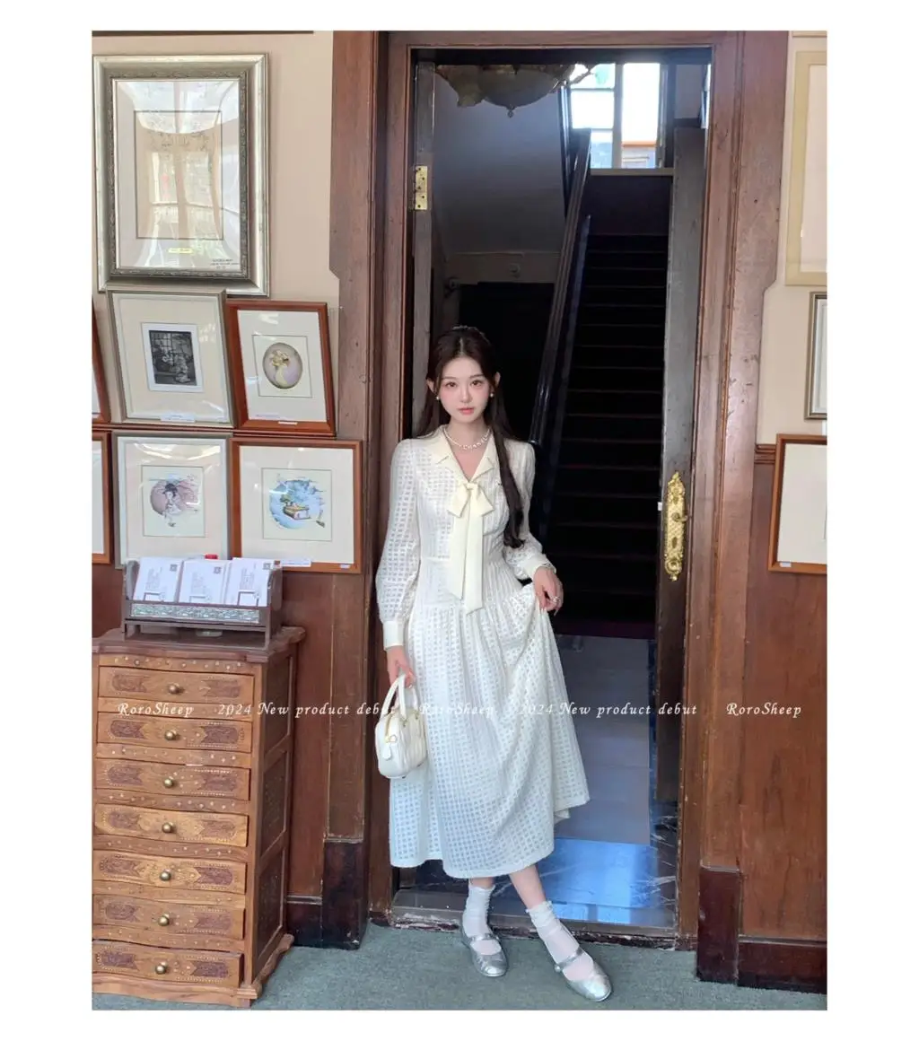 Elegant Vintage Lapel Midi Dresses for Women Bow Long Sleeve Birthday Party Dress A-line Autumn New Korean Fashion Vestido Mujer