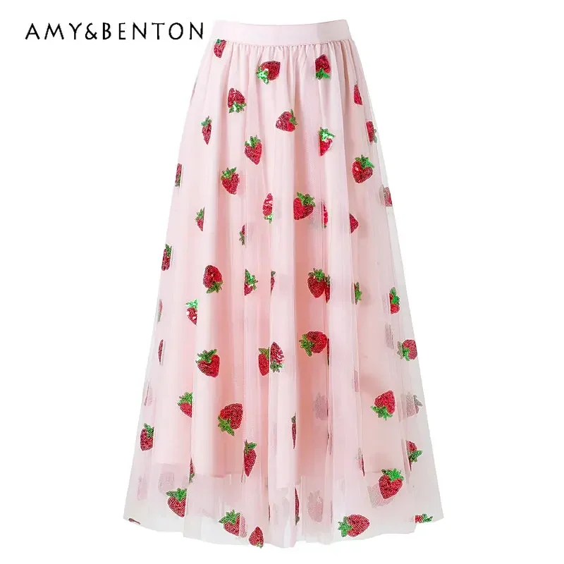2024 Spring And Summer New Sweet Fresh Strawberry Heavy Embroidery Sequins Tulle Skirt French Super Fairy Dress Mid-Length Skirt