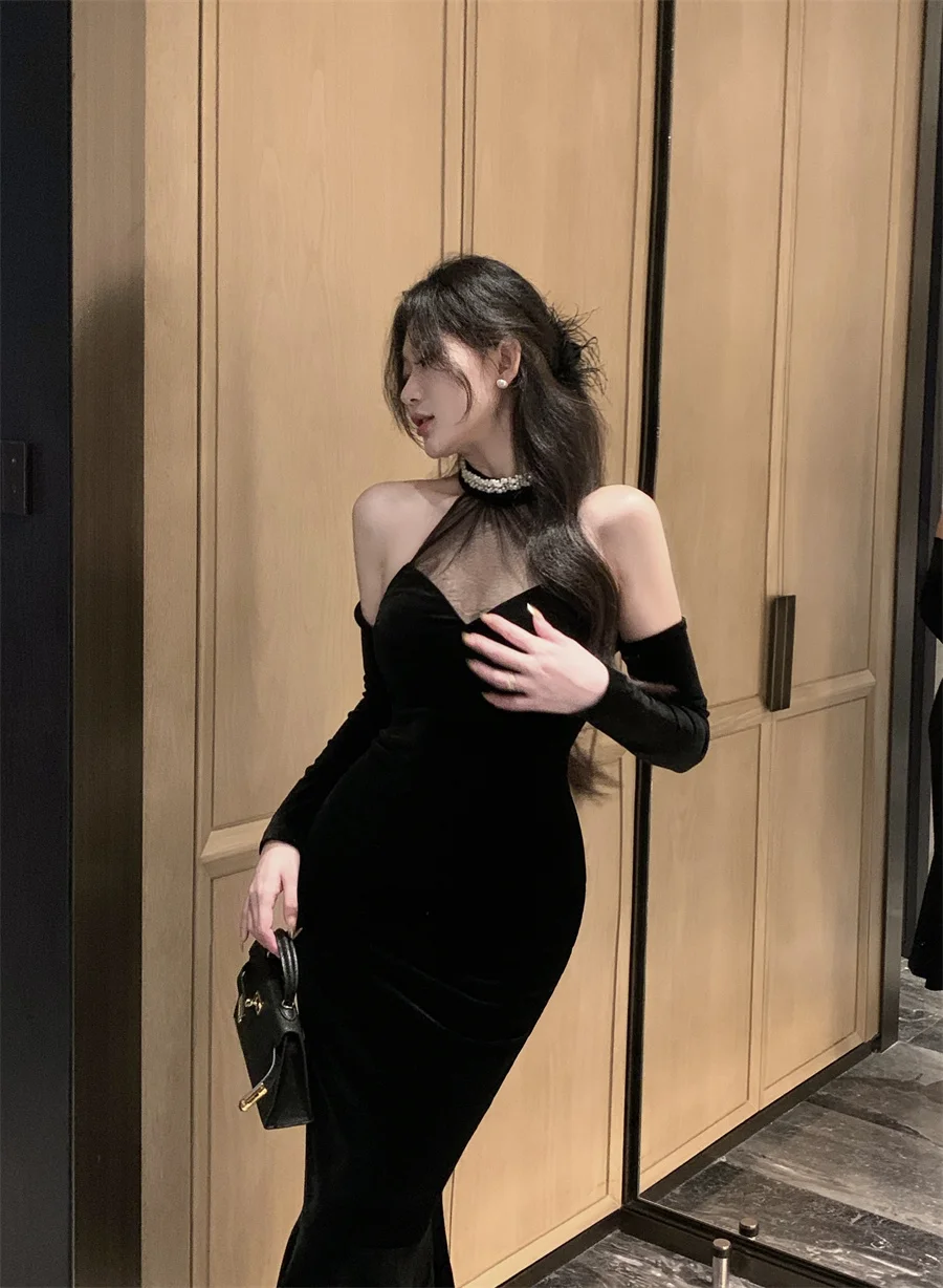 

Autumn Women Black Sexy Dress French Style Halter Collar Shoulderless Mesh Patchwork Female Fishtail Dress Lady Party Dress Slim