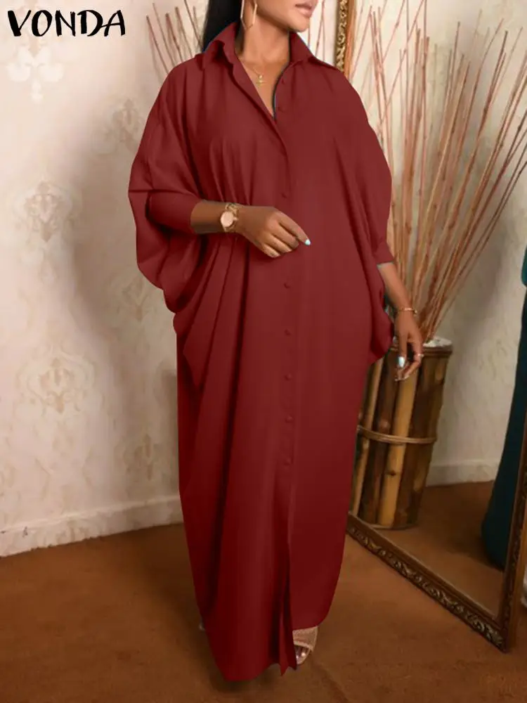 

VONDA Women Party Dress Autumn 2023 Casual Solid Color Elegant Loose Maxi Sundress Bat Sleeve Lapel Buttons Long Shirt Vestidos