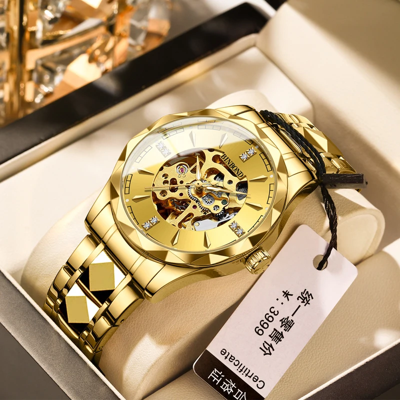 

BINBOND Brand Luxury Gold Mechanical Watch for Men Stainless Steel Waterproof Fashion Skeleton Watches Mens Relogio Masculino