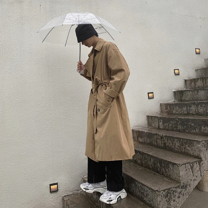Men Khaki Trench Double Breasted Belt Long Windbreaker Male Handsome Autumn Winter Thicken Overcoat England Style Punk Coats New