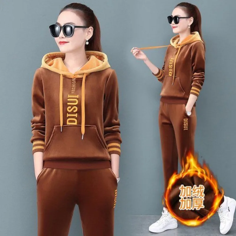 2023 Golden Winter Plus Padded Fashion Sweatshirt Women Casual Sportswear Double Velvet Plus Size Hoodie Sweater Two-piece Suit