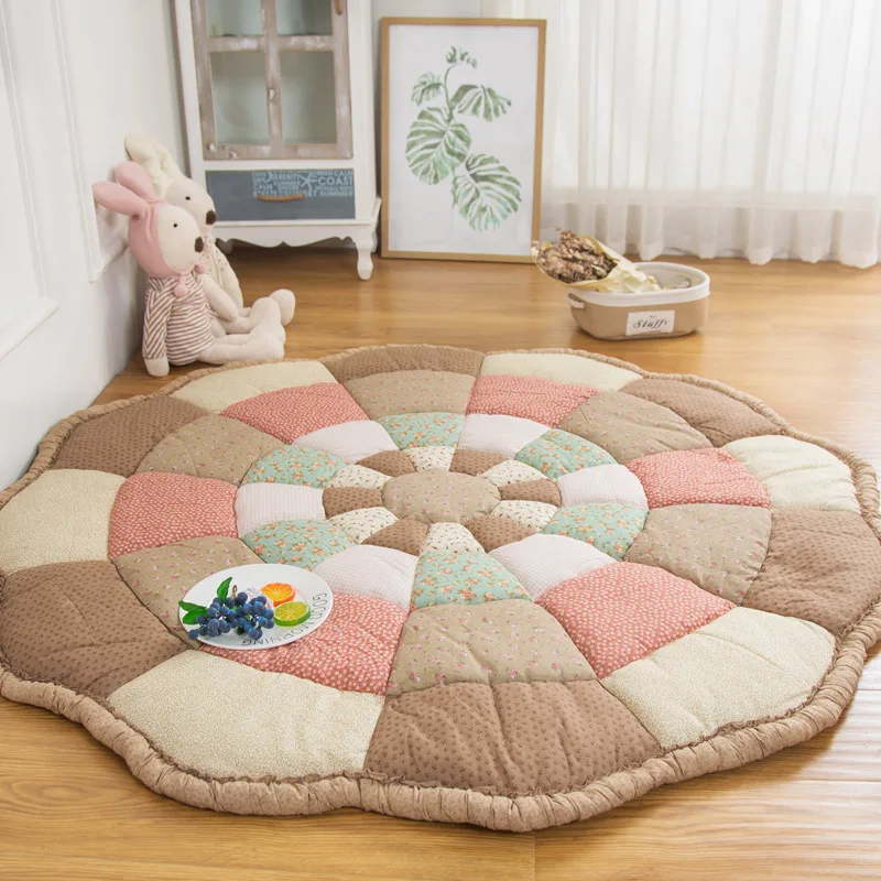 Handmade Patchwork Cotton Quilted Carpets for Living Room, Floral Style, Round Carpet Bedroom, Non-Slip Floor Mat, Bedside Rugs 4