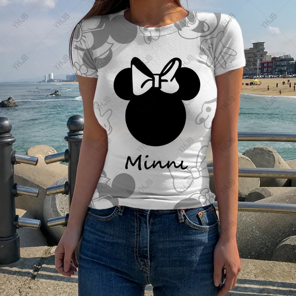 

Thin Summer Top Sexy T-shirt Disney Mickey Printed Women's 2023 Elastic T-shirt Korean Women's Fit T-shirt Women