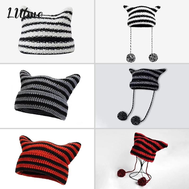 

Sweet Cute Cat Ears Beanie Hats For Women Winter Striped Korean Style Wool Knitted Streetwear Handmade Crochet Bucket Cap Gift