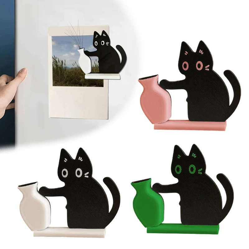 Black Cat Pushing Vase Decor Cat Whisker Collection & Memorial Box Fridge Magnet Home Office Decor Perfect Gift For Cat Lovers
