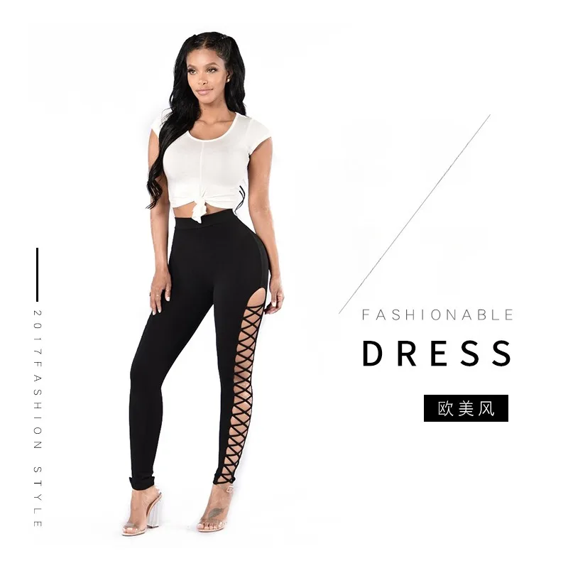 Autumn Winter 2024 New Women's Pants Sexy Elastic Pants with Broken Holes Casual Mid Personality Side Lace Pants