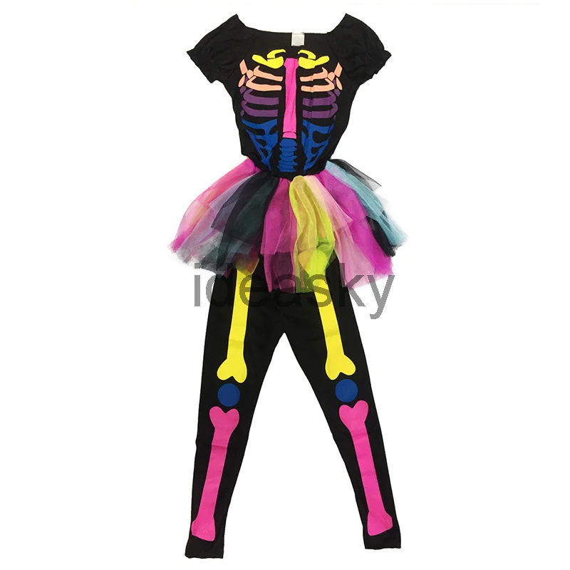 Rainbow Skeleton Girl Costume Toddler Funky Punky Bone Costume Carnival Purim Halloween For Kids Cosplay Costume,Halloween Dress Outfit