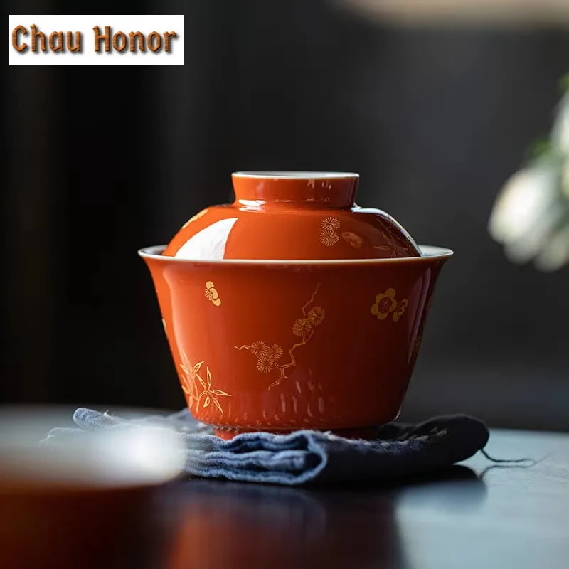 110ml Antique Alum Red Bronzing Plum Bamboo Pine Covered Bowl Tea Cup Household Ceramic Gaiwan Kung Fu tea set Tea Ceremony Gift