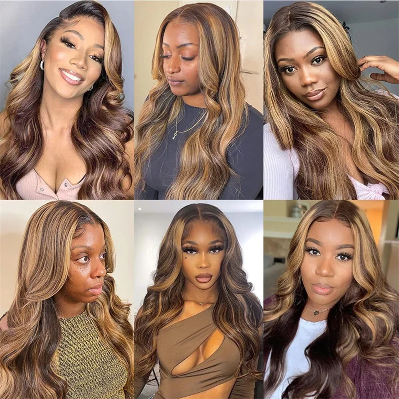P4/27 Highlight Body Wave 13x4 Lace Frontal Human Hair Pre-Plucked Hairline Brazilian Virgin Hair Transparent Lace Closure