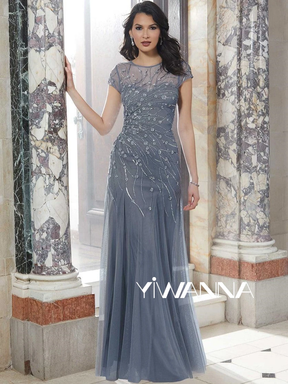 

Classic O-neck Short Sleeve Mother Of The Bride Dress For Wedding Sparkly Sequins Prom Dress Graceful Tulle Long Evening Gown