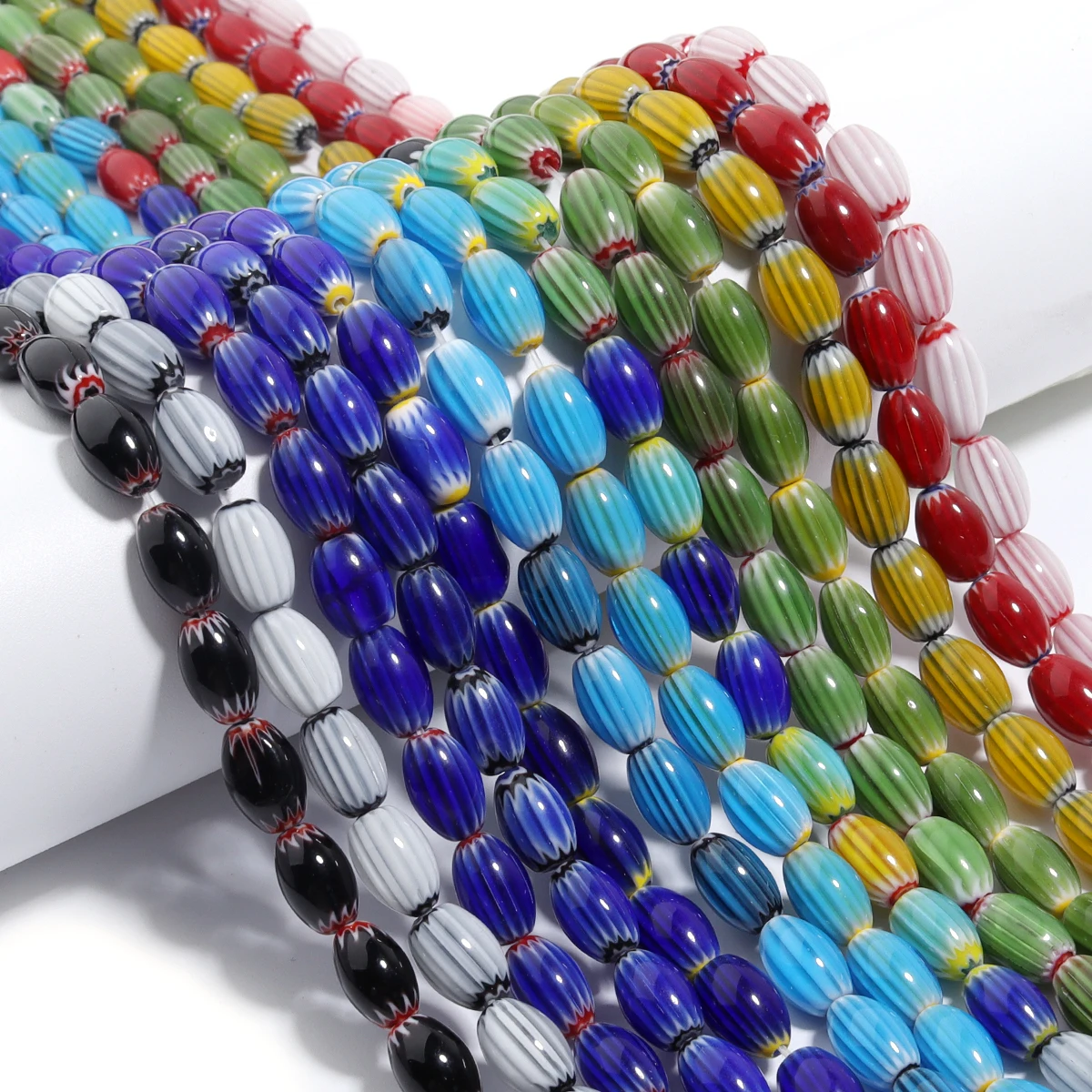 1 Strand 6mm 8mm Colorful Stripe Lampwork Beads Oval Shape Loose Beads ...