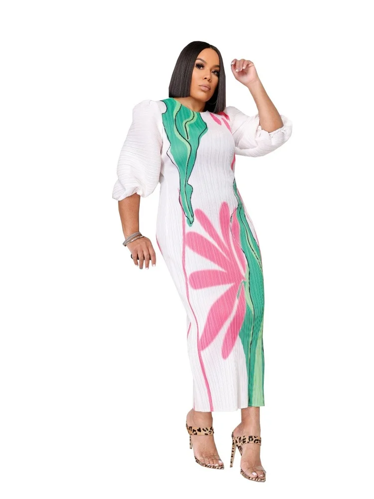 Wmstar Dresses Women Wholesale Fashion Ladies High Grade Lantern Sleeve Pleated Flower Print Round Neck Maxi Dress New Summer