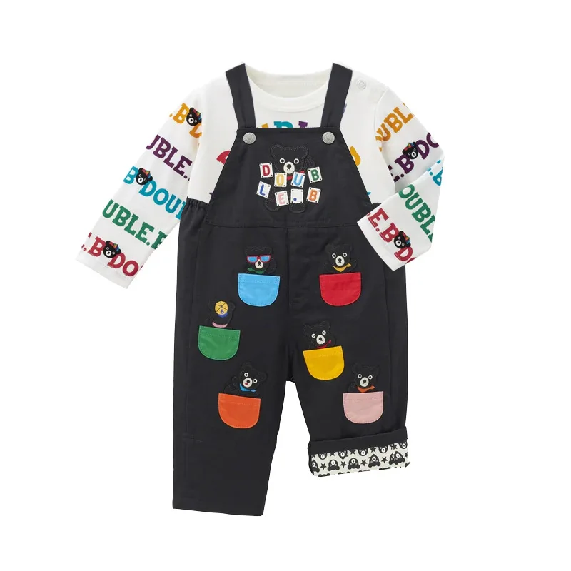 Boys' Trousers New Children's Cartoon Black Bear Color Pocket Embroidered Bib Jeans