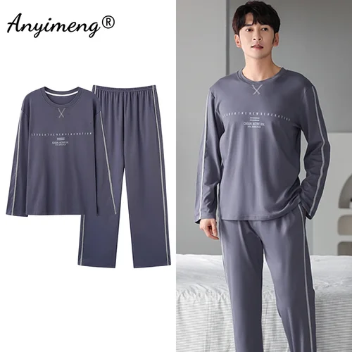 한국어 미니멀리스트 스타일 남자 잠옷 세트 긴 소매 Loungewear 코 튼 잠 옷 소년 레저 망 Pijamas 패션 Homesuits 6