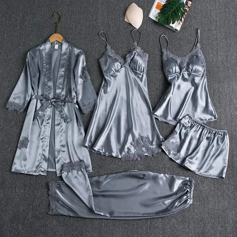 24New Women's pajama Satin 5PCS Summer Lace Patchwork Sexy Women Nightwear Thin Style Robe Sleep Suit Nightdress With Chest Pads