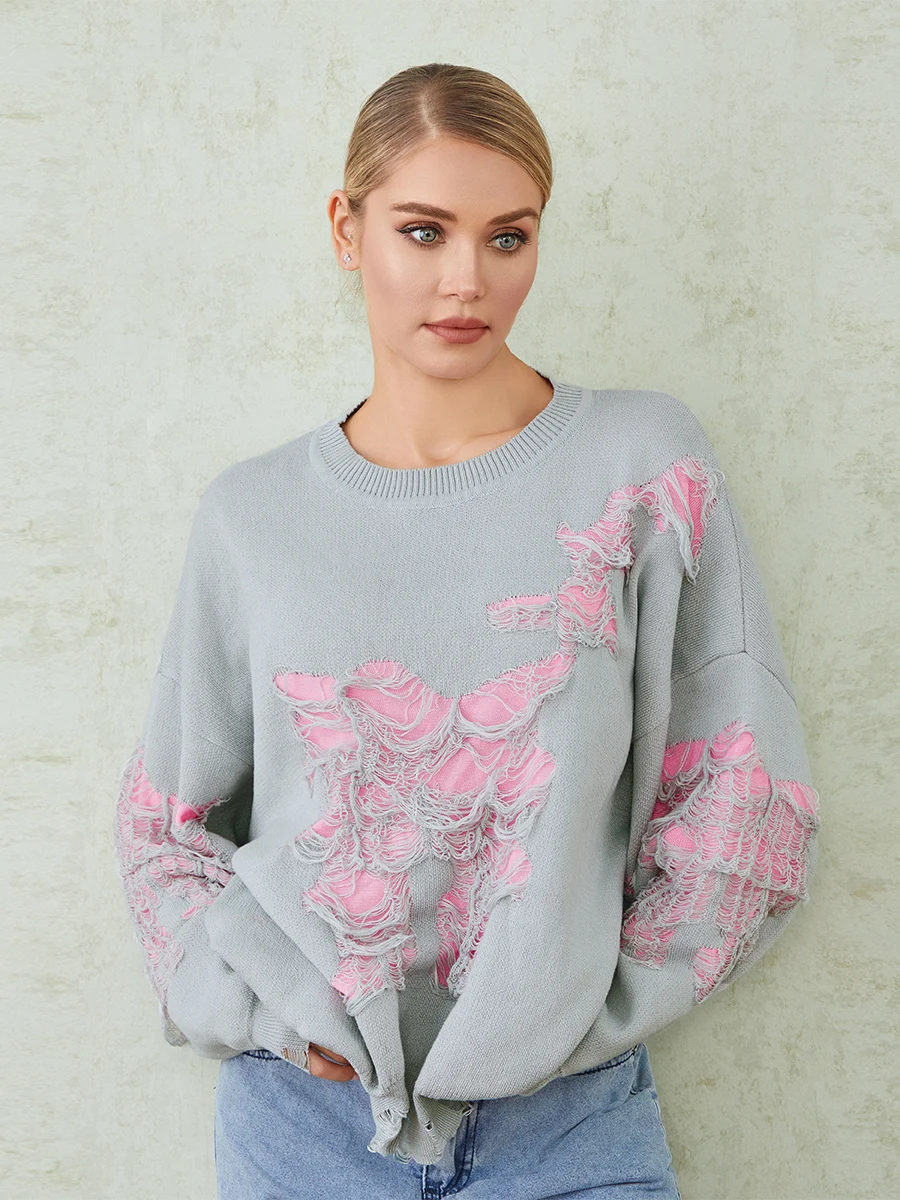 

Женский свободный вязаный свитер, рваный пуловер составного кроя с длинным рукавом и круглым вырезом, джемпер в уличном стиле, размеры S, M, L, Осень-зима